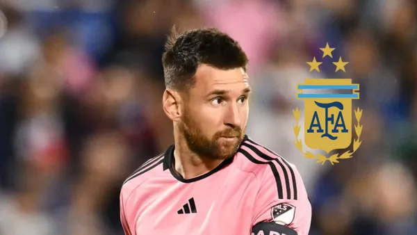Lionel Messi looks concerned with the Inter Miami kit while the Argentina National Team badge is next to him.