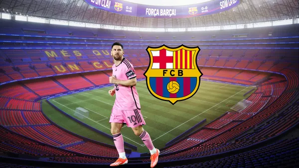 Lionel Messi looks focused while wearing an Inter Miami shirt; the background is a model of the FC Barcelona's new Camp Nou.