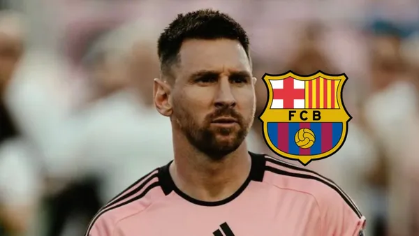 Lionel Messi looks serious as he wears the Inter Miami jersey and the FC Barcelona logo is next to him.