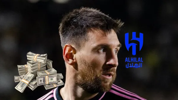 Lionel Messi looks to his side as the Al Hilal badge is next to him and the stack of money is also next to him.