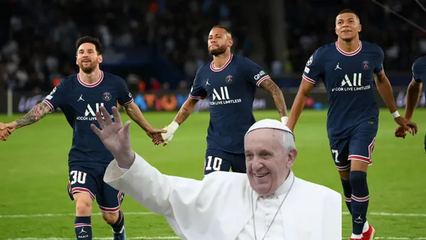 Lionel Messi, Neymar, and Kylian Mbappé hold hands while wearing the PSG kits and the Pope waves with a smile.