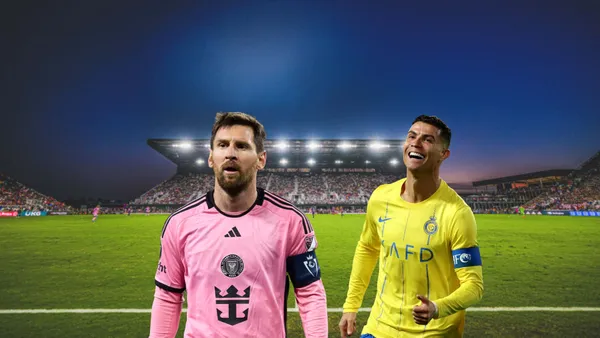 Lionel Messi playing for Inter Miami while Cristiano Ronaldo smiles with Al Nassr.
