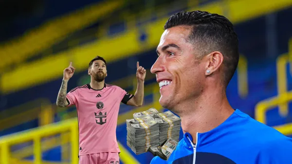 Lionel Messi points to the sky while Cristiano Ronaldo smiles with Al Nassr.