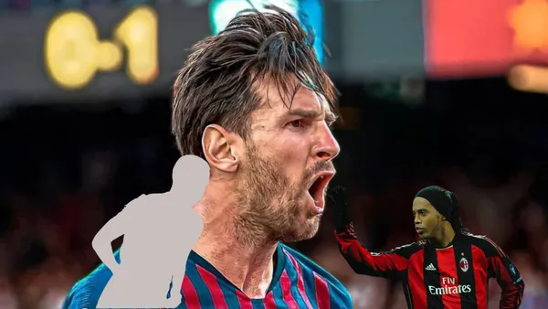 Lionel Messi screams with joy while Ronaldinho wears the AC Milan jersey and a mystery player is next to him. (Source: X)