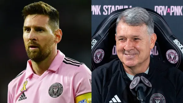 Lionel Messi with a Inter Miami jersey and Gerardo Martino smiles during a press conference.