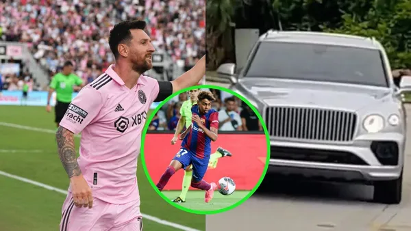 Lionel Messi with the Inter Miami jersey and Lamine Yamal with the FC Barcelona jersey.