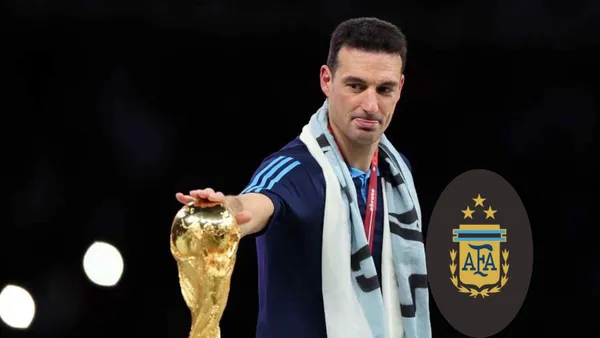 Lionel Scaloni touches the World Cup trophy while the Argentina National team badge is on the bottom right.