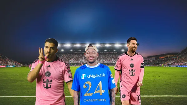 Luis Suarez does his trademark celebration while Neymar shows his champions Al Hilal shirt; Messi smiles with an Inter Miami shirt.