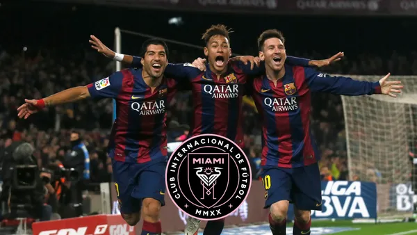 Luis Suarez, Neymar, and Lionel Messi celebrate an FC Barcelona goal.