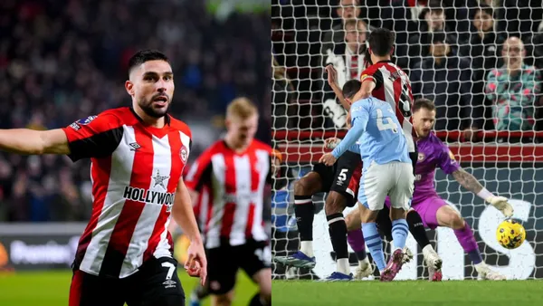 Manchester City and Brentford are drawing 1-1 at halftime.