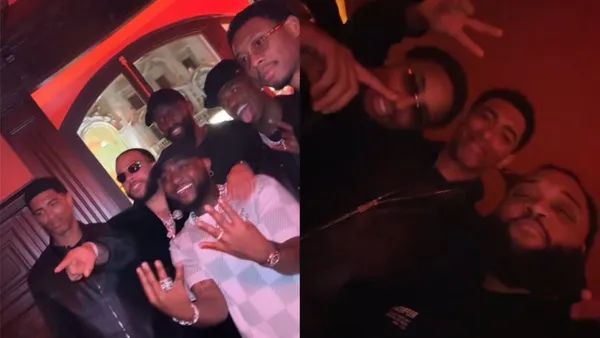 Memphis Depay celebrates alongside Vini, Alaba, Rudiger, Bellingham, and Davido.