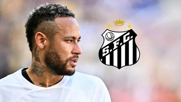 Neymar Jr. looks to his right while wearing a white jersey and the Santos FC logo is next to him.