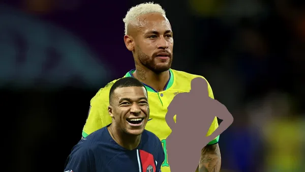 Neymar plays for Brazil in the 2022 World Cup while Kylian Mbappé laughs.