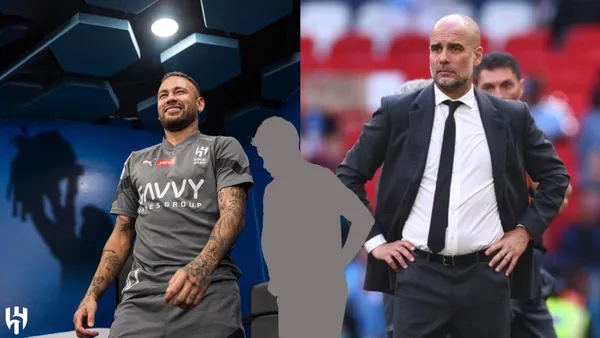 Neymar smiles while wearing the Al Nassr training kit and Pep Guardiola looks worried while wearing a suit on; a mystery player is in the middle.