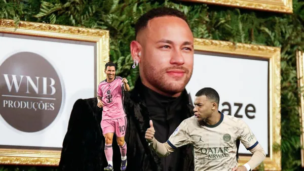 Neymar smiles with a black suit while Lionel Messi smiles wearing an Inter Miami jersey; Kylian Mbappé gives a thumbs up while wearing a PSG jersey.