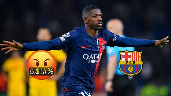 Ousmane Dembele celebrates his goal for PSG against FC Barcelona at the Parc des Princes.