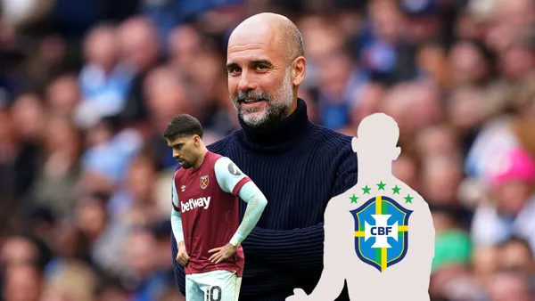 Pep Guardiola grins while Lucas Paqueta looks upset with a West Ham United jersey on; a mystery player has the Brazilian national team logo on.
