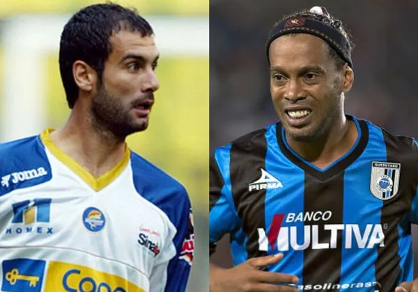 Pep Guardiola has the Dorados jersey and Ronaldinho wears the Queretaro jersey.