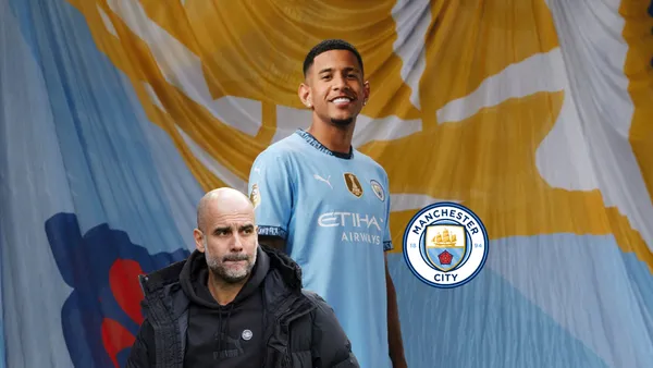 Pep Guardiola looks to the side while the Manchester City logo is next to him and Savio wears the Manchester City jersey for the first time. (Source:
