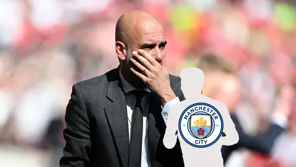 Pep Guardiola looks worried and covers his mouth with his hand; a mystery player has the Manchester City badge on him.