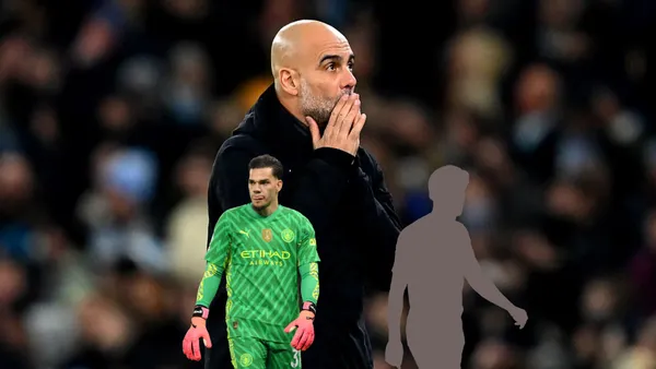 Pep Guardiola looks worried while Ederson looks concerned and a mystery player is next to him. (Source: Getty Images)