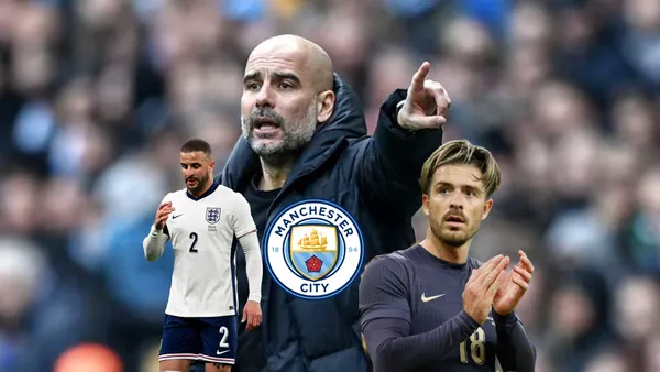 Pep Guardiola points while the Manchester City badge is below him. Kyle Walker and Jack Grealish are wearing the English jersey's.
