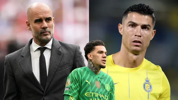 Pep Guardiola wears a suit and Cristiano Ronaldo wears the Al Nassr jersey. Ederson Moraes is wearing the Man City goalkeeper kit.