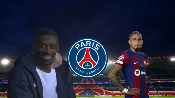 PSG's Ousmane Dembele smiles as his team beats FC Barcelona while Raphinha is upset.