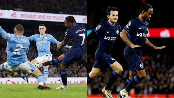 Raheem Sterling haunts his former club as his late first half goal gives Chelsea the 1-0 lead.