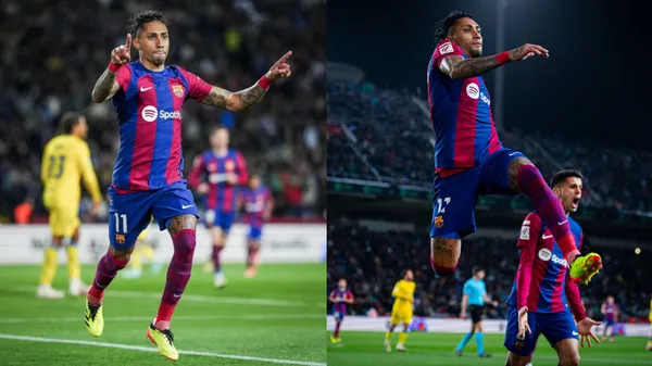 Raphinha celebrates his header that gives FC Barcelona the win.