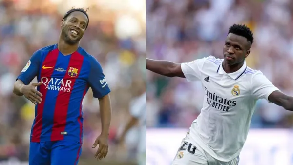 Ronaldinho wearing the FC Barcelona jersey and Vinicius Jr. with the Real Madrid jersey.