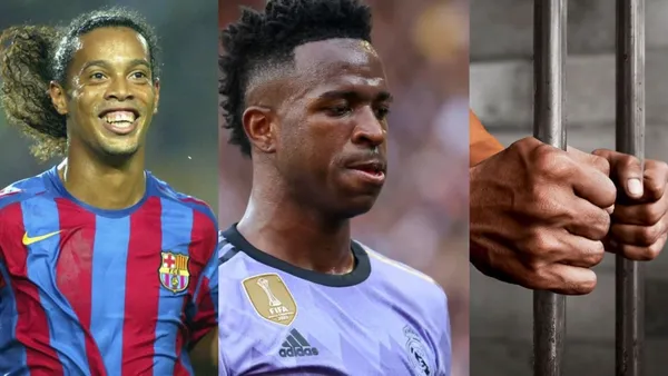 Ronaldinho with Barcelona jersey, Vinicus Jr. with Real Madrid jersey and a man behind bars.
