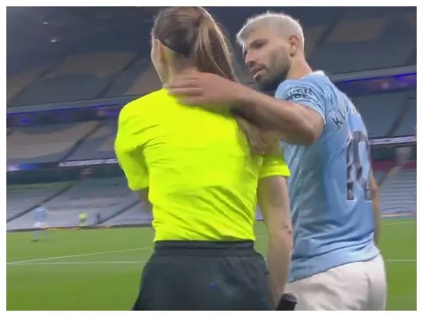 The Argentinian striker put his hand on the shoulder of assistant referee Sian Massey-Ellis in Manchester City's victory against Arsenal.