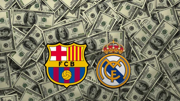 The badges of FC Barcelona and Real Madrid in front of loads of cash.