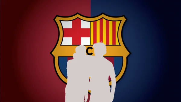 The FC Barcelona logo is in the background while two mystery players are hugging each other to celebrate a goal. (Source: FC Barcelona X)