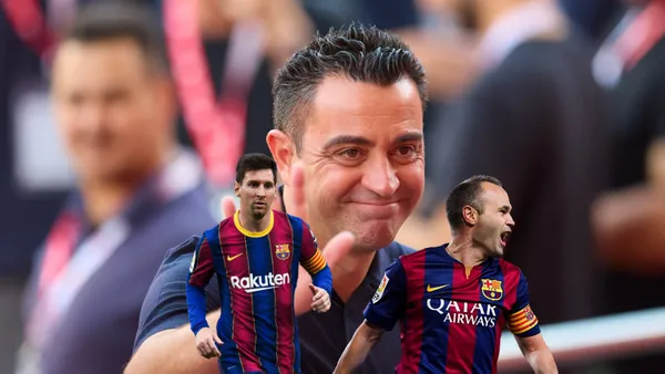 Xavi smiles as the FC Barcelona manager; Messi is serious with the Barca jersey and Iniesta screams with a Barca jersey.