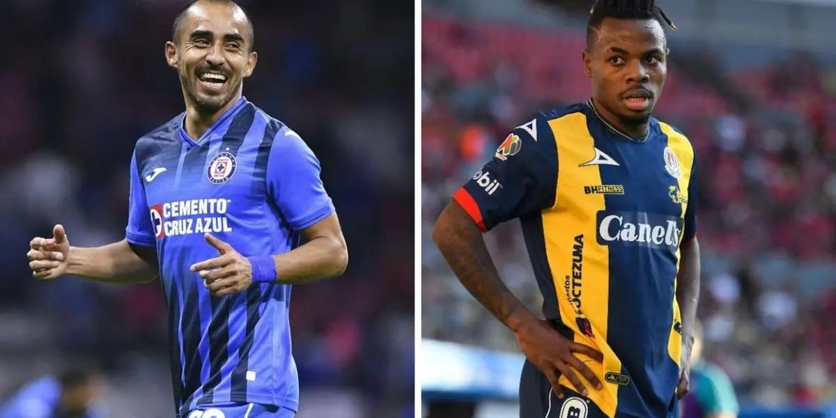 A Cruz Azul player smiles while an Atletico San Luis player looks concerned.