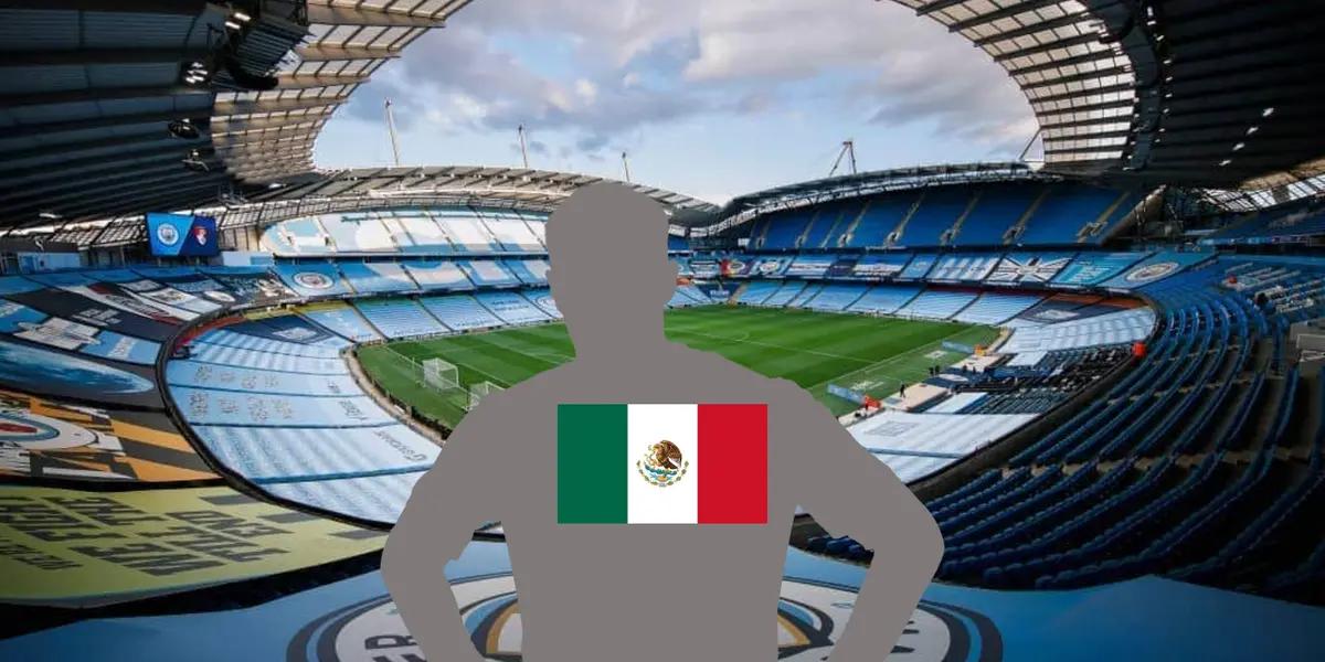 A mystery Mexican player has his hands on hips with the background of the Manchester City stadium.