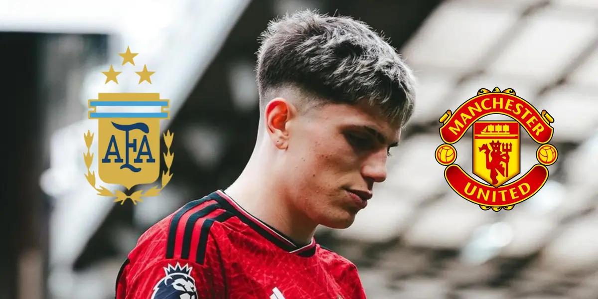 Alejandro Garnacho looks down wearing a Manchester United jersey; the Argentina national team badge and the Man United logo is next to him.