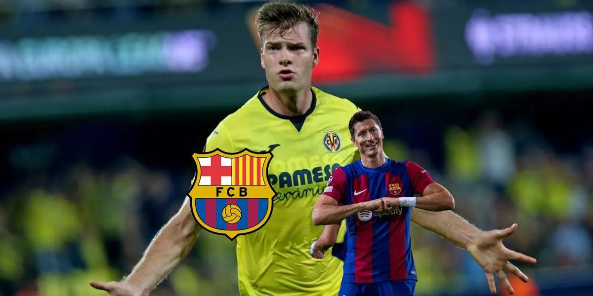 Alexander Sorloth celebrates his goal with a Villarreal jersey on while Robert Lewandowski celebrates his goal wearing an FC Barcelona jersey next to the Barca logo.