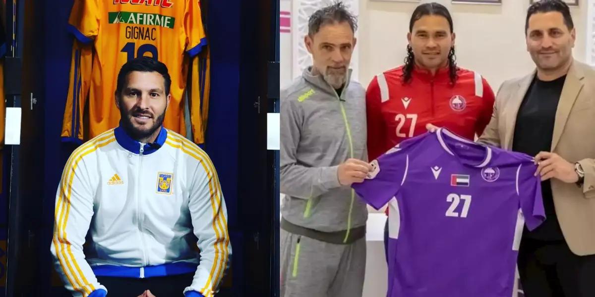 André-Pierre Gignac with the Tigres sweater and Carlos Peña with the Al Dhaid jersey.