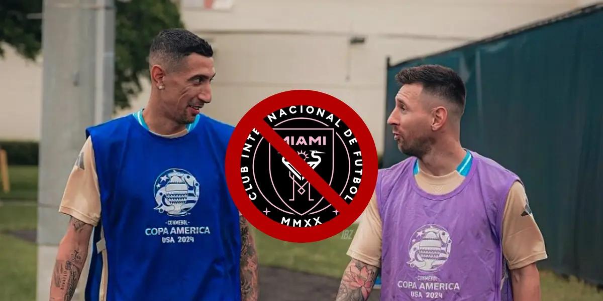 Angel Di Maria and Lionel Messi look at each other in training while the Inter Miami badge is crossed out. (Source: IBZBLUE X)