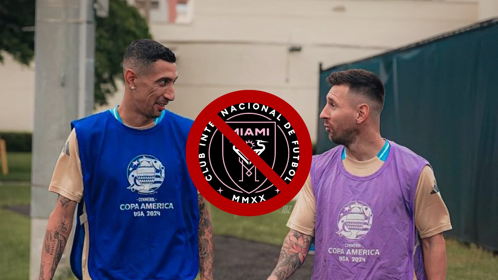 Angel Di Maria and Lionel Messi look at each other in training while the Inter Miami badge is crossed out. (Source: IBZBLUE X)