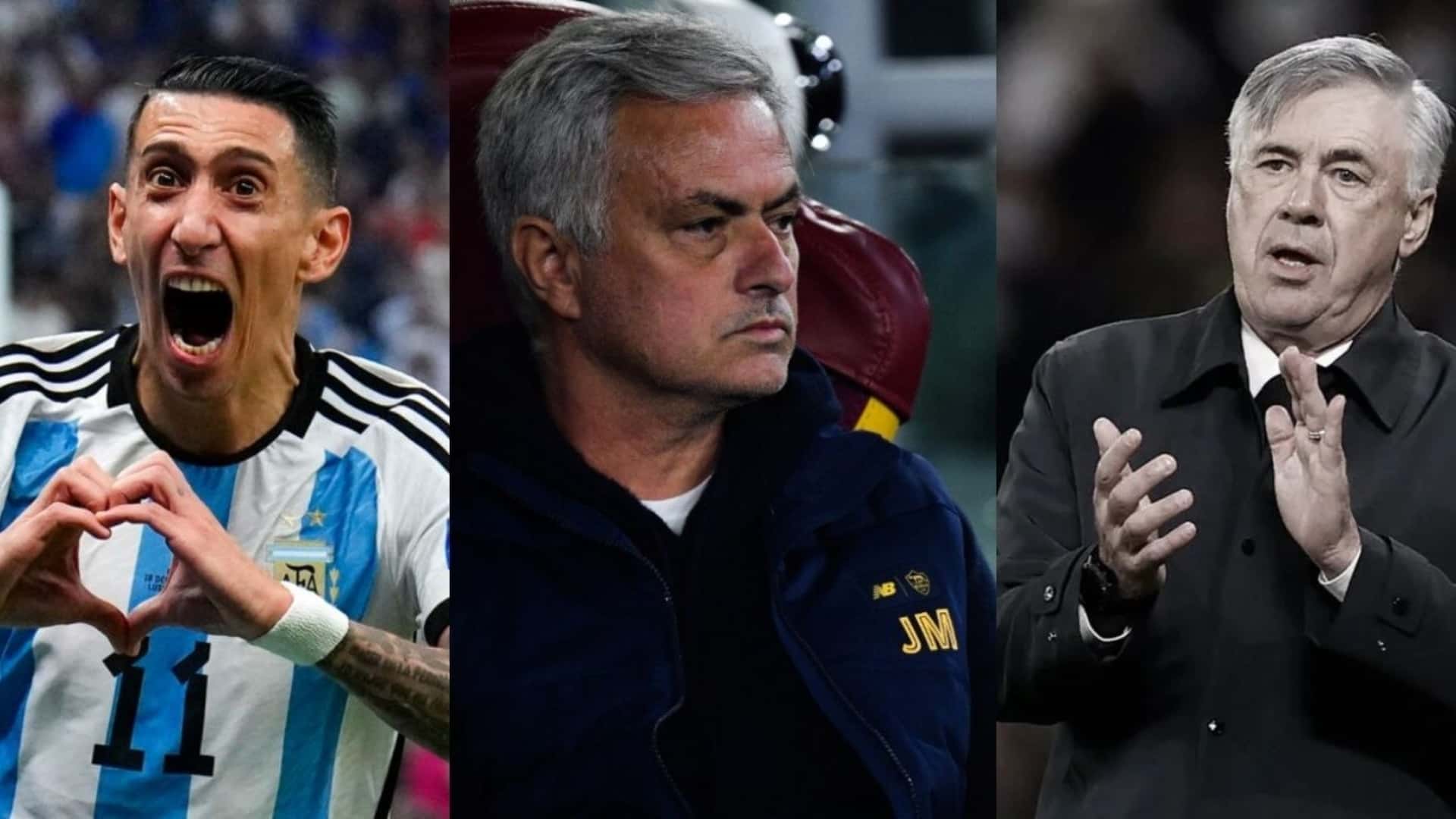 Ángel Di María playing for Argentina national team, Jose Mourinho and Carlo Ancelotti clapping.