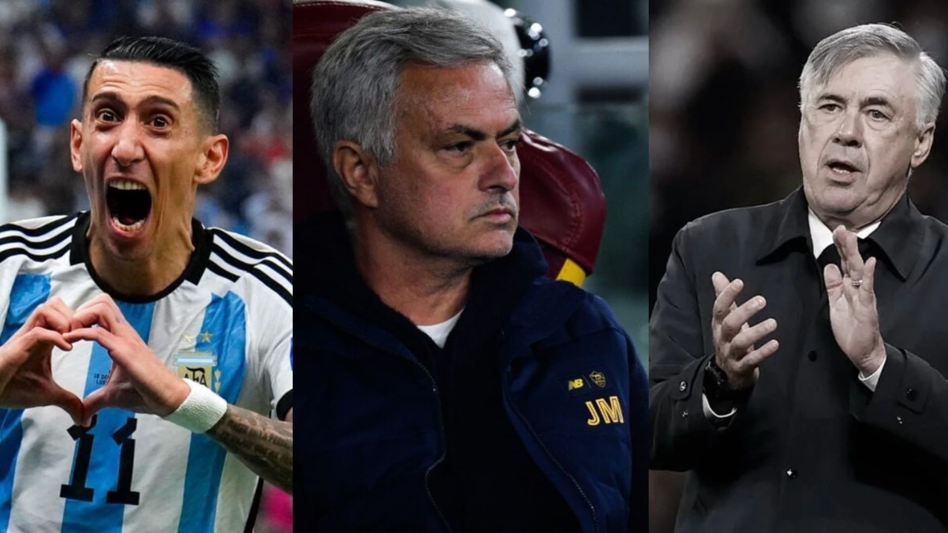 Ángel Di María playing for Argentina national team, Jose Mourinho and Carlo Ancelotti clapping.