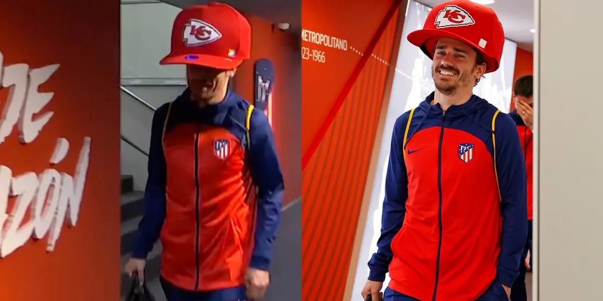 Antoine Griezmann shows off his giant Kansas City Chiefs hat before Atletico Madrid's 5-0 win in La Liga.