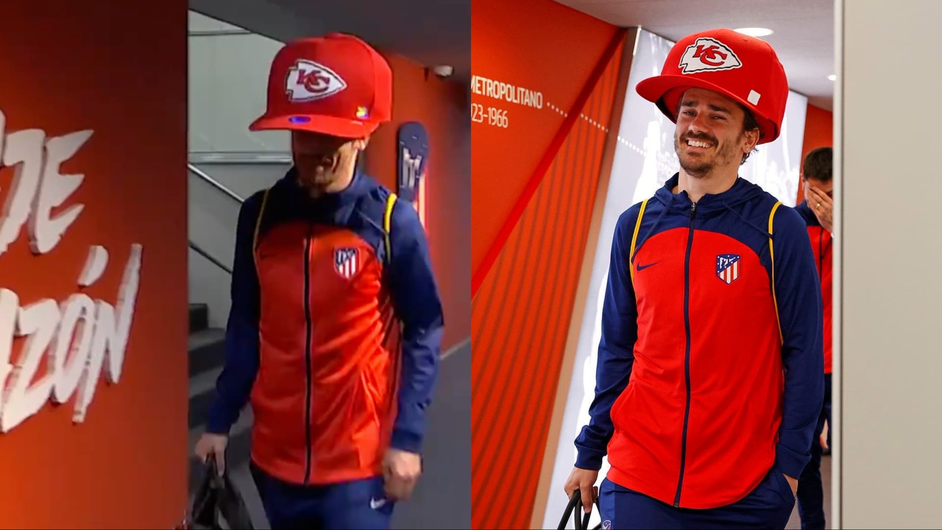 Antoine Griezmann shows off his giant Kansas City Chiefs hat before Atletico Madrid's 5-0 win in La Liga.