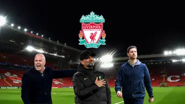 Arne Slot, Jurgen Klopp, and Xabi Alonso with the background of Liverpool's stadium, Anfield.