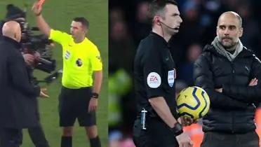 Arne Slot with Michael Oliver and Pep Guardiola with Michael Oliiver