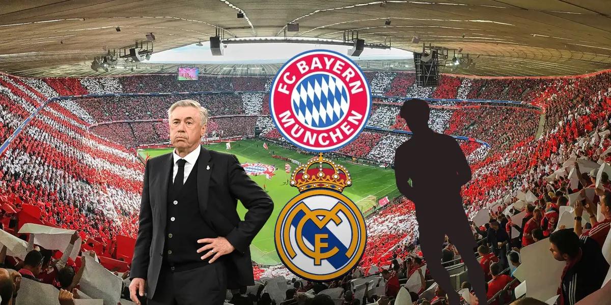 Carlo Ancelotti focused as the coach of Real Madrid; the background of Bayern Munich's stadium, the Allianz Arena.